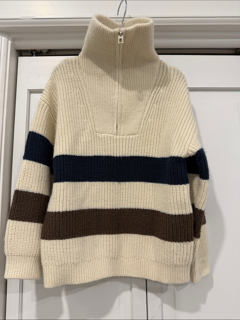 Zara Cream Pullover with Navy and Brown Stripes